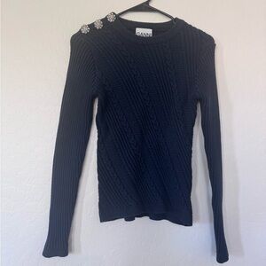 Ganni navy blue crew neck sweater with silver rhinestone buttons size small